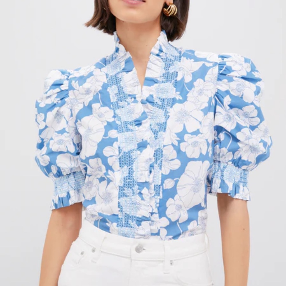 Blue Floral Ruffle Neck Aria Blouse NWT